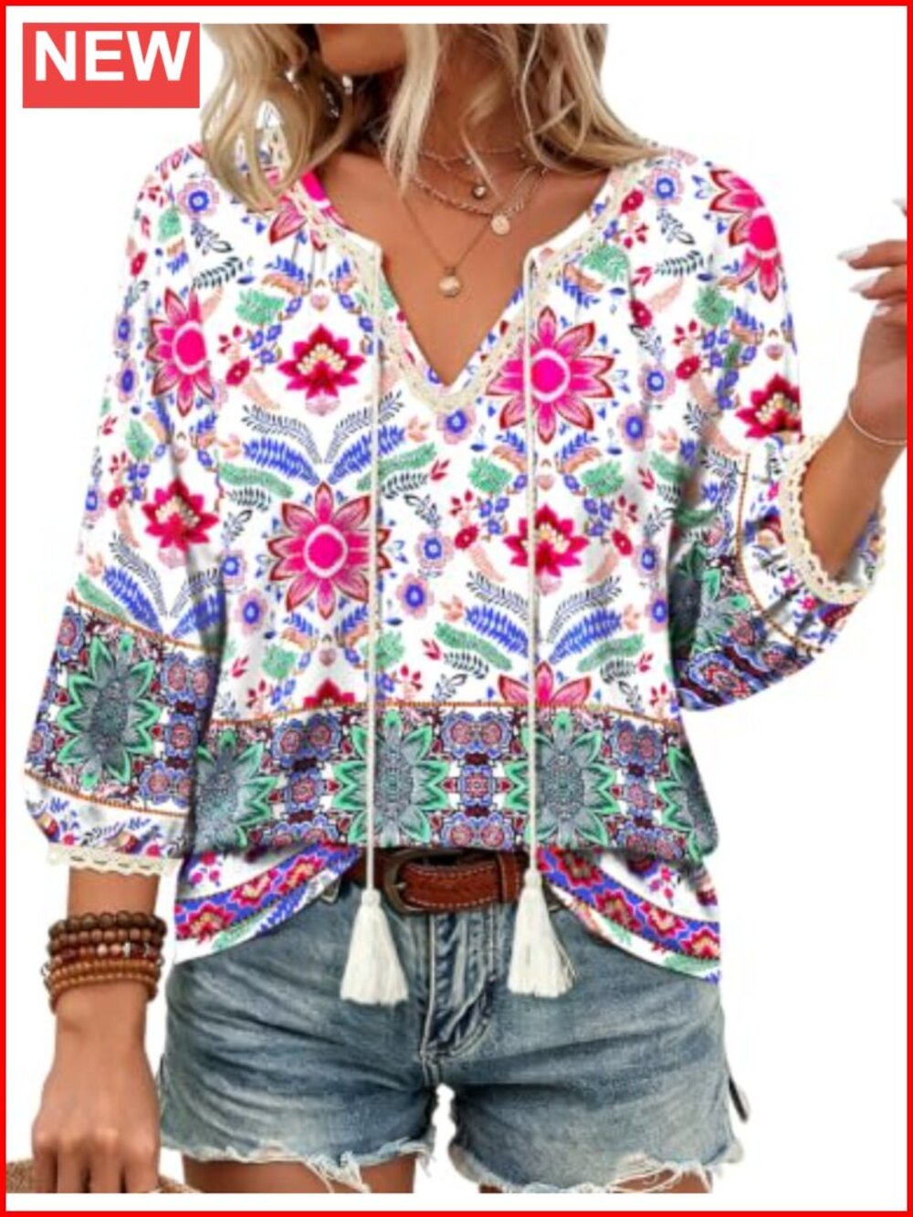 Cotton Boho Peasant Top 3/4 Sleeve V-Neck Tunic